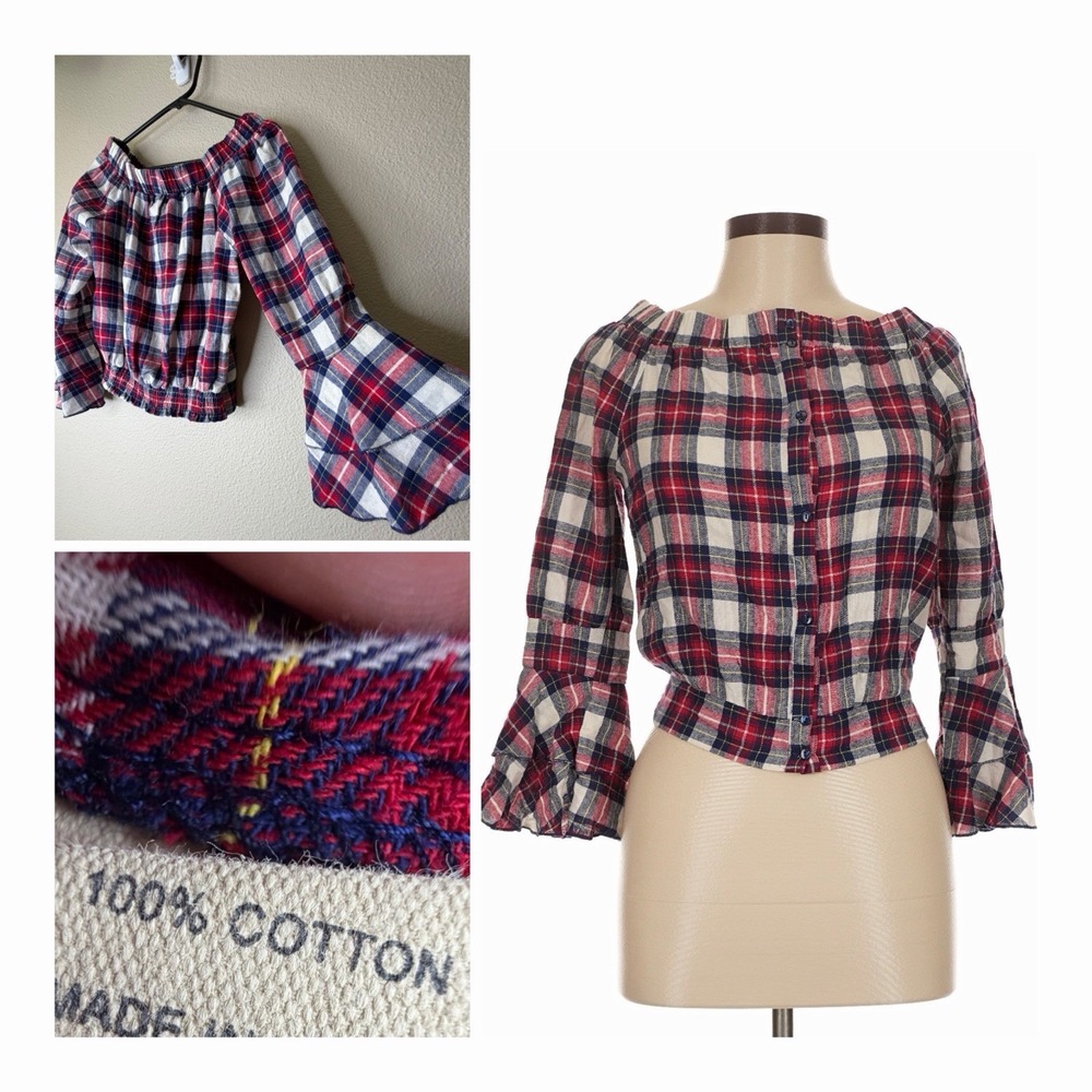 Love Notes Womens M Plaid Bell Sleeve Cropped Blouse Red Navy Preppy Cottage